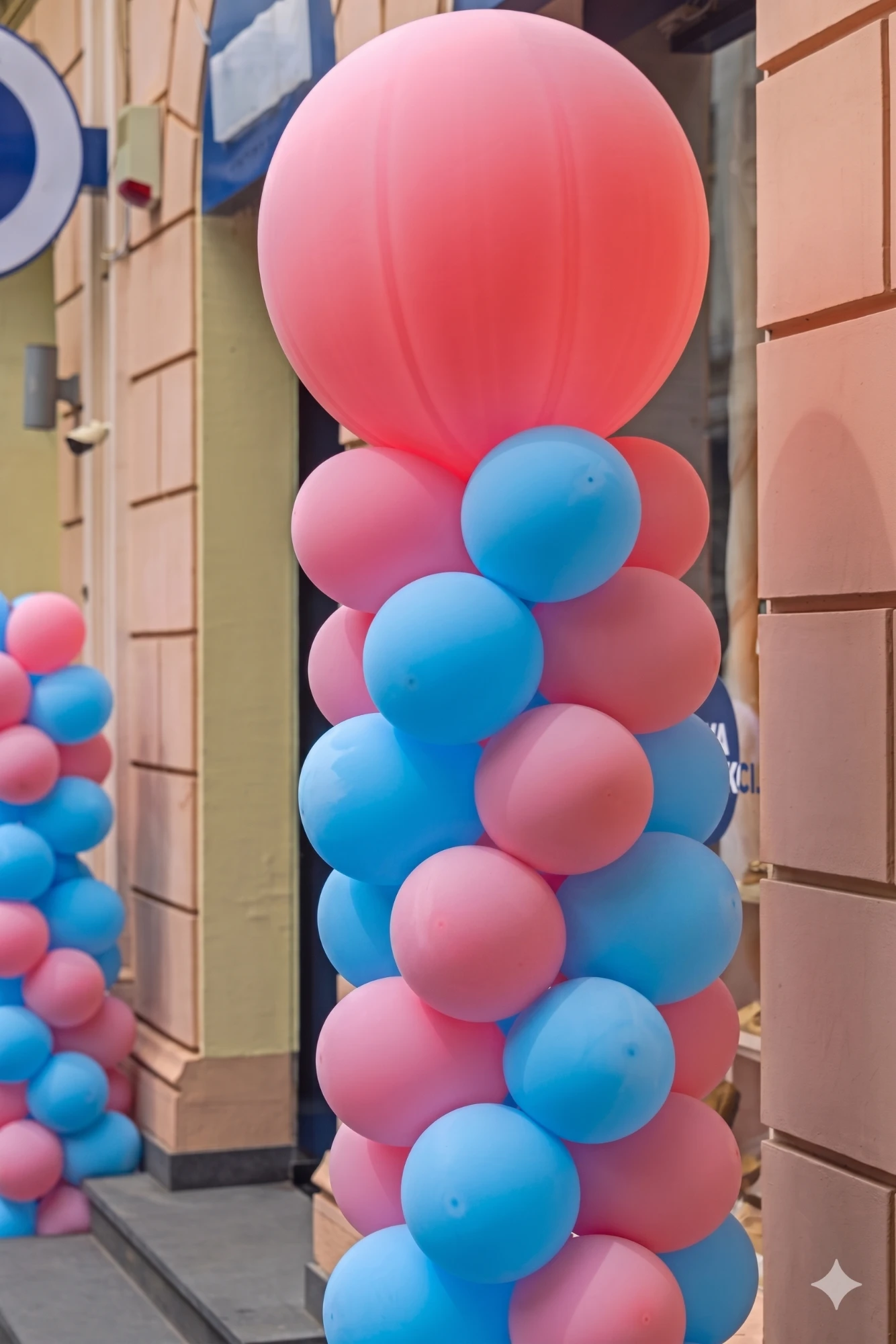 Colonne en ballons rose et bleu pastel pour baby shower · Ballons déco · Décoration extérieure